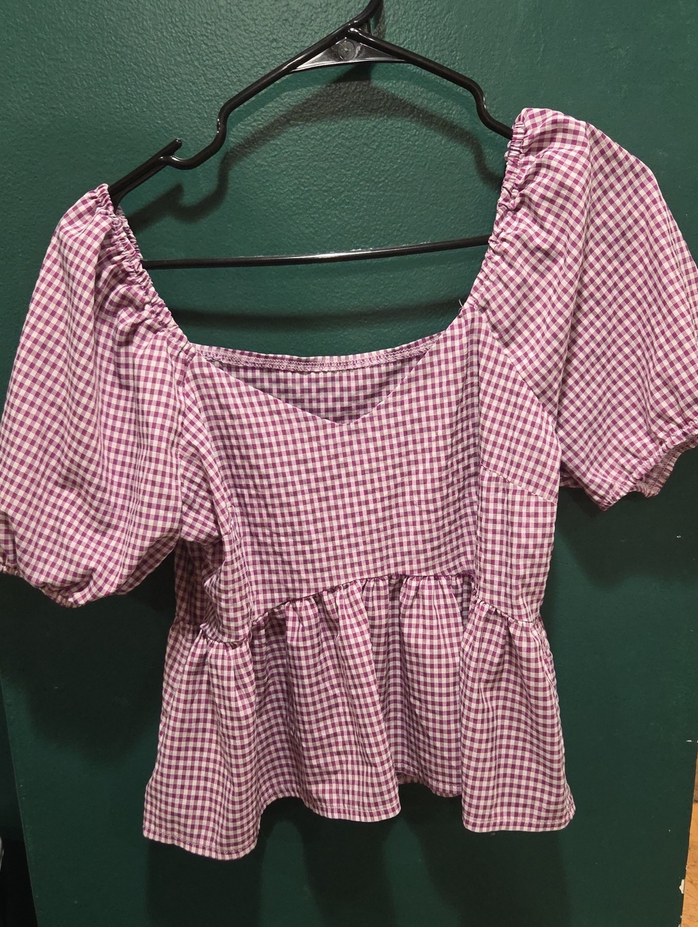 Women's Pink/Purple Gingham Peplum Puff-Sleeve Top